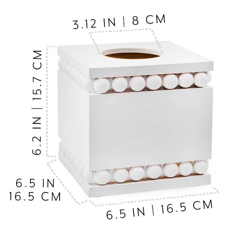 AuldHome Design Beaded Tissue Box Cover White; Rustic Farmhouse Wood Tissue Holder, 3 of 9
