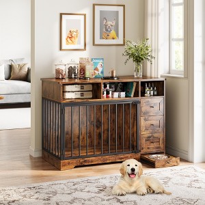 48 Inch Dog Crate Furniture, Farmhouse Dog Kennel with Bowl & Drawers, Heavy Duty Pet Crate Table - 1 of 4