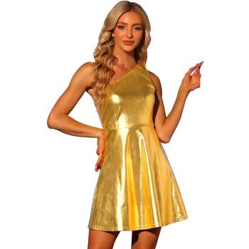 Allegra K Women's Metallic Shiny Sleeveless Party One Shoulder Fit and Flare Mini Dresses