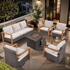Buenhomino 6 Piece Patio Furniture Set with Fire Pit Table, Outdoor Sectional Conversation Sets Wicker Rattan Sofa with 4'' Thickened Cushion - 1 of 4