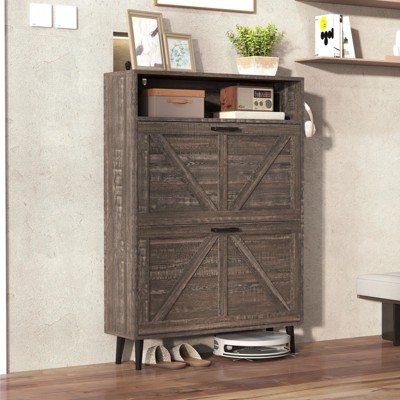 FONTOI Shoe Storage Cabinet with Flip Drawers&2 Side Hooks, Shoe Rack with Adjustable Shelves&Breathable Back Panel, Dark Oak, 9.37"*44.7"*31.5"