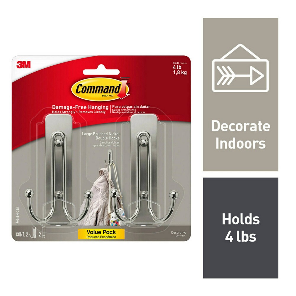 Command 2pk Large Sized Double Decorative Hooks Brushed Nickel: Wall Hooks, Towel Hook, Silver, 4 lb Capacity