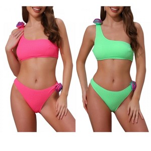 INSPIRE CHIC Women's 3D Rose Floral One Shoulder Ribbed Triangle Bottoms Swimwear Bathing Bikini Suits 2 Sets - 1 of 4