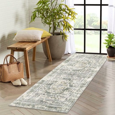 Washable Vintage Area Rug Medallion Distressed Rug Living Room Non-Slip Low Pile Bedroom Kitchen Home Office Carpet