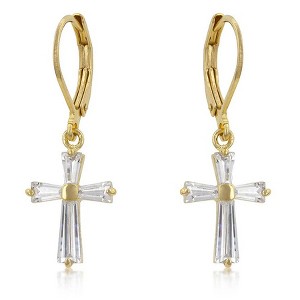 ShineHigh Cubic Zirconia Cross Drop Earrings – Classic Leverback Dangle Design in Goldtone or Rhodium Finish with Emerald Cut CZ Stones - 1 of 1