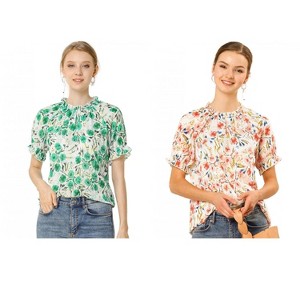 Allegra K Women's Short Sleeve Ruffled Floral Mock Neck Summer Top 2 Pcs - 1 of 4