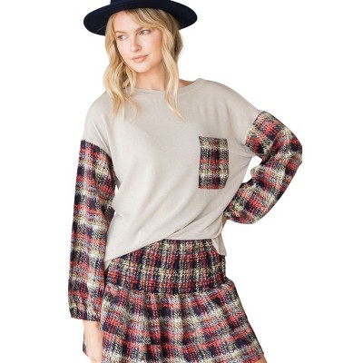 Slickblue Women's Stylish Sweater Top, Color Block Plaid Pocket & Sleeves, Contrast Stitch Neck, Coral/Rust, Size S-L