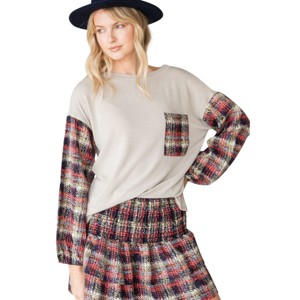 Slickblue Women's Stylish Sweater Top, Color Block Plaid Pocket & Sleeves, Contrast Stitch Neck, Coral/Rust, Size S-L - 1 of 4