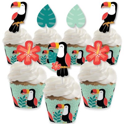 Big Dot of Happiness Calling All Toucans - Cupcake Decor - Tropical Bird Baby Shower or Birthday Party Cupcake Wrappers & Treat Picks Kit - Set of 24