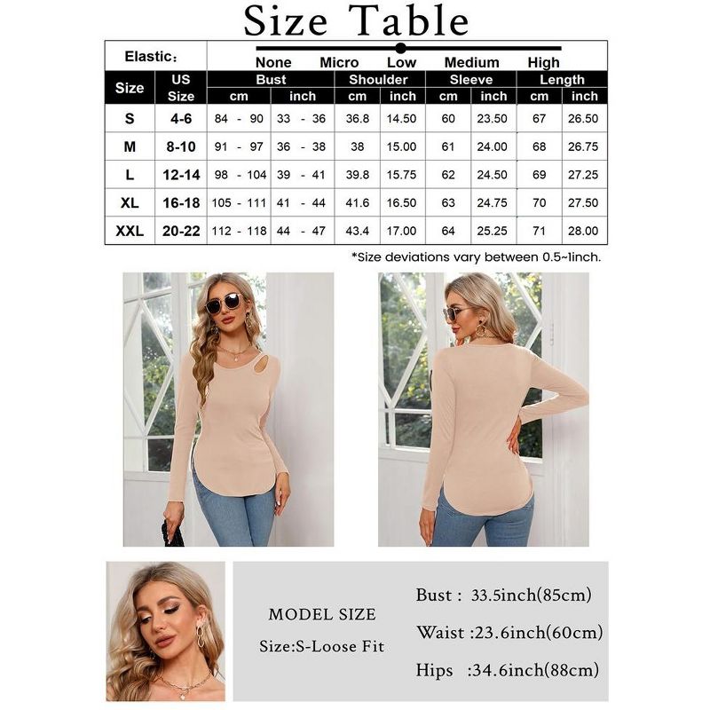 Women’s Long Sleeve Cutout Asymmetrical Neck Tshirt Slim Fit Tunic Blouse, 4 of 6