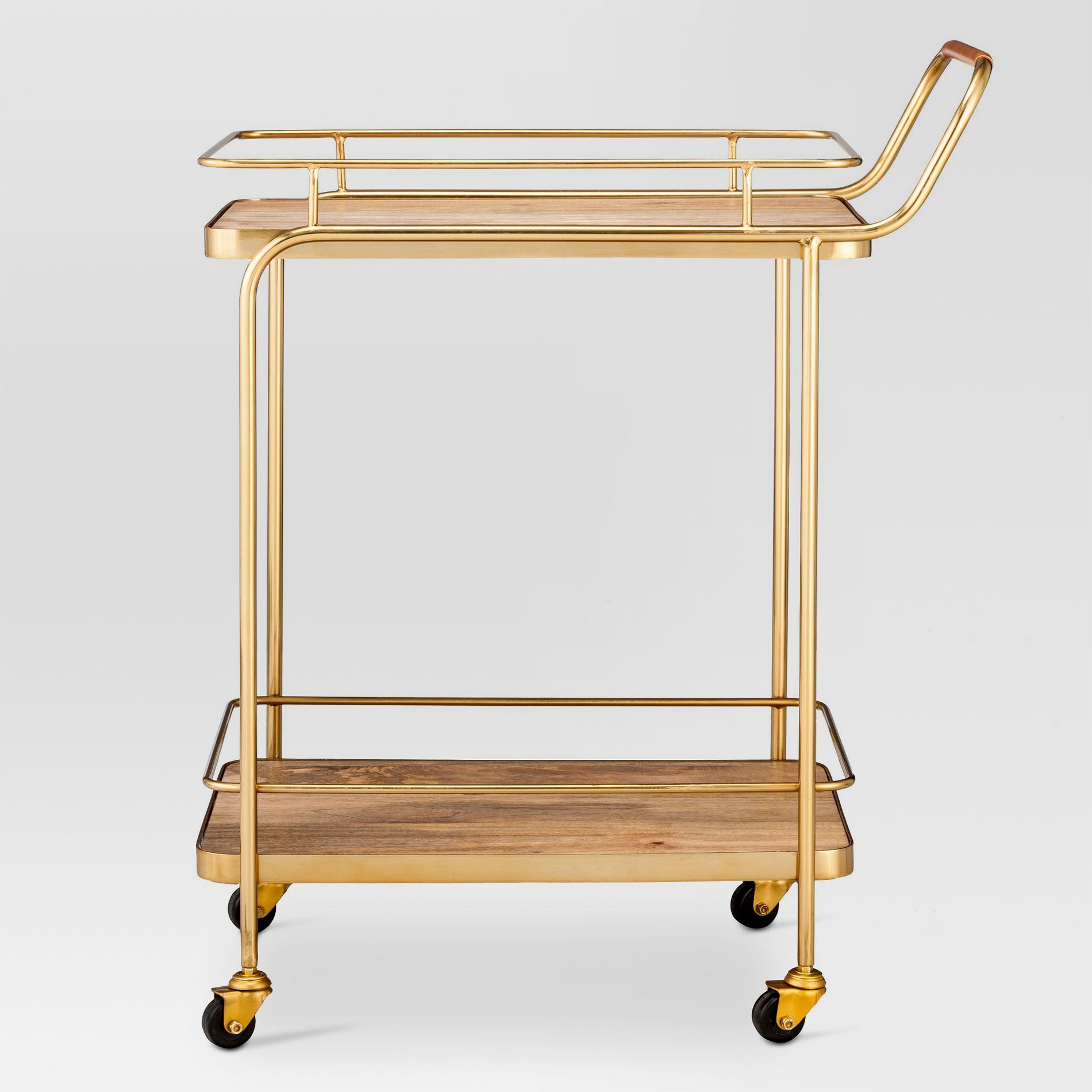 Metal, Wood, and Leather Bar Cart - Gold - Threshold™: Beverage Serving Cart with Casters, Indoor Use