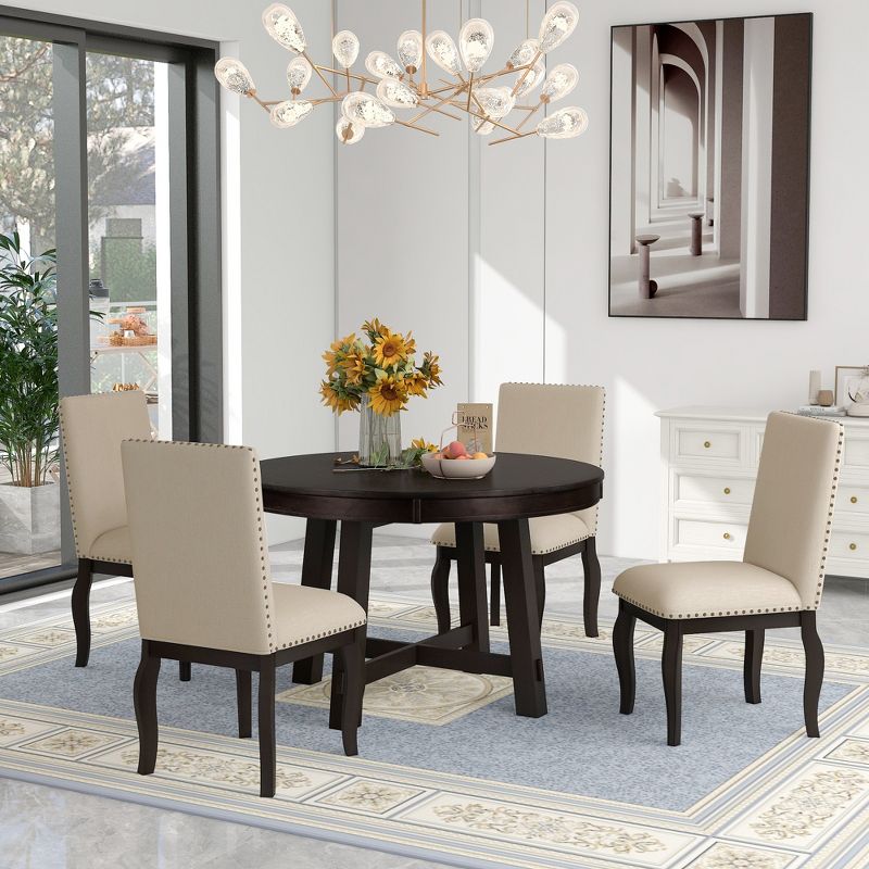 5 PCS Round Wood Extendable Dining Table Set with 4 Upholstered Dining Chairs-ModernLuxe, 1 of 15