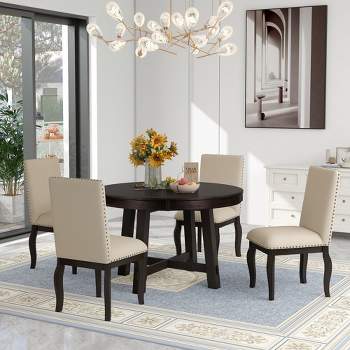 5 PCS Round Wood Extendable Dining Table Set with 4 Upholstered Dining Chairs-ModernLuxe
