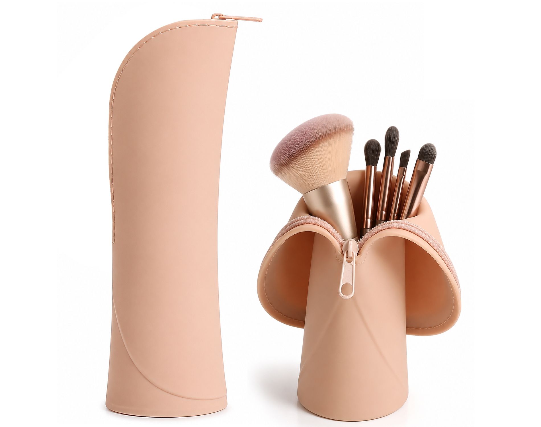 Mber Makeup Brush Bag, Silicone Makeup Brush Case, Portable Stand-Up Makeup Brush Holder Travel Case Cosmetic Organizer Pouch for Makeup Brush, Khaki