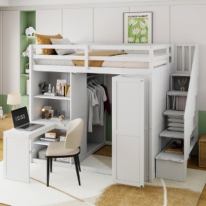 TIRAMISUBEST Full Size Loft Bed with Desk, Multi-functional Bed Frame with Storage Staircase, Shelves & Hidden Wardrobe - 1 of 4