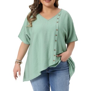 Women's Plus Size V Neck Short Sleeve Button Decor Irregular Hem Summer Casual Blouses - Agnes Orinda - 1 of 4