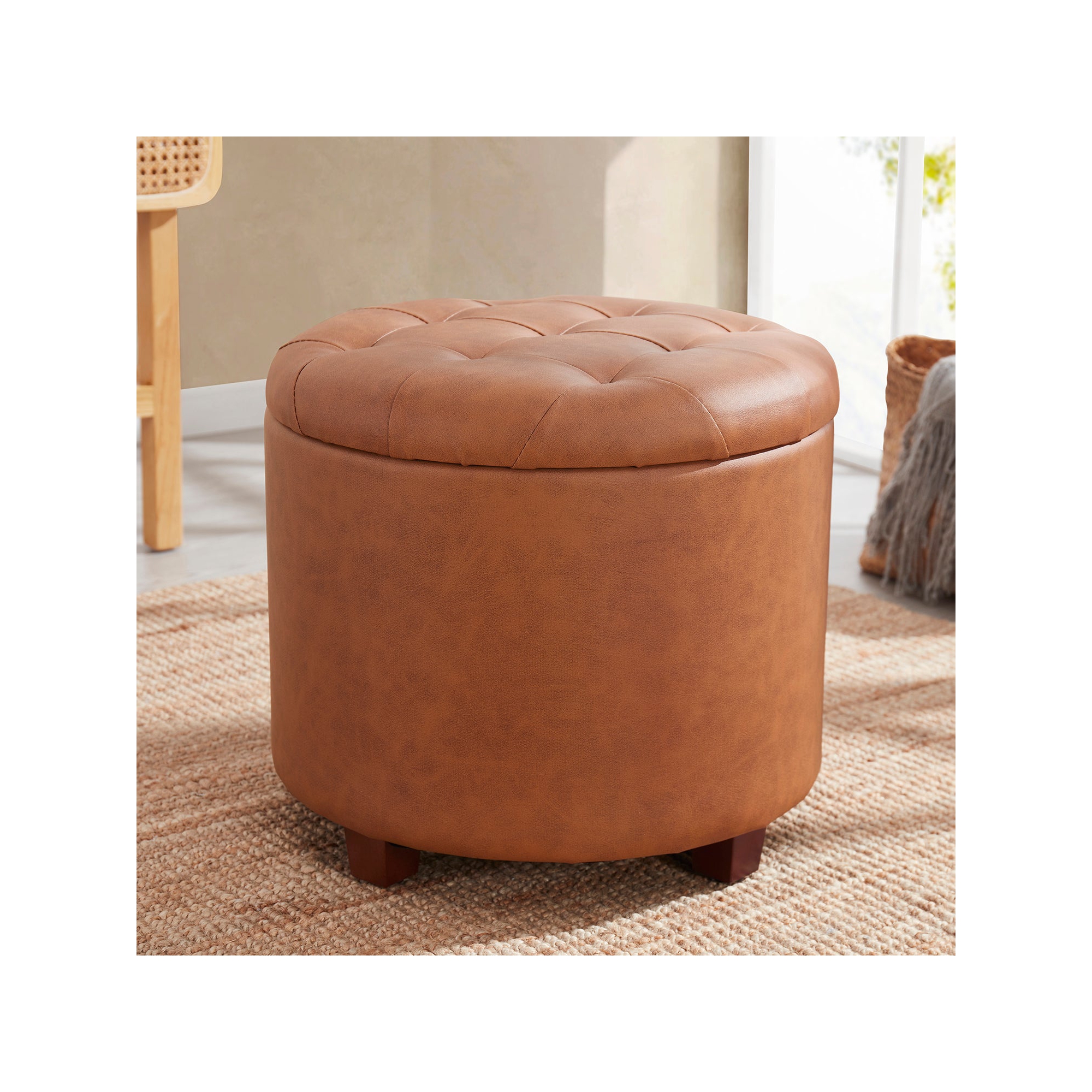 Ornavo Home Faux Leather Upholstered Round Tufted Storage Ottoman with Wooden Legs - Cognac