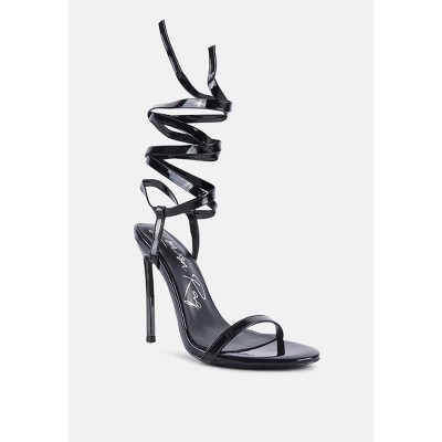 Black Faux Leather Lace-Up High Heel Ankle Strap Sandals