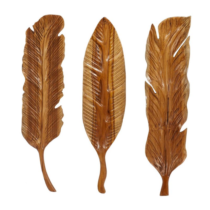Set of 3 Teak Wood Bird Handmade Carved Feather Wall Decors Brown - Olivia &#38; May, 2 of 8