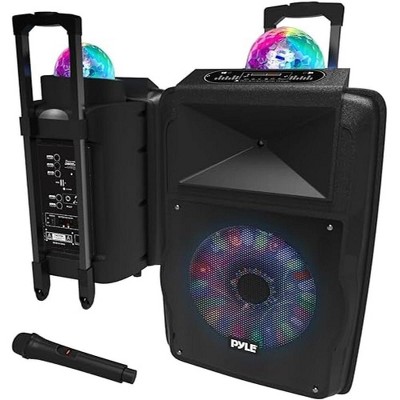Pyle 12" Bluetooth PA Speaker with LED Lights, Rechargeable Battery, Wireless Microphone, MP3/USB/SD/FM Radio – PSUFM1280B