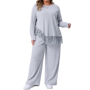 Agnes Orinda Women's Plus Size 2 Piece Crew Neck Asymmetrical Fringe Hem Long Sleeve Ribbed Top and Long Pants Casual Lounge Sets - 1 of 4