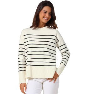 INSPIRE CHIC Women's Striped Crew Neck Long Sleeve Side Split Ribbed Knit Tops - 1 of 4