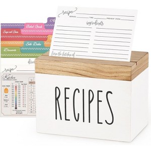 Wooden Recipe Box White Organizer with 100 Recipe Cards & 6 Dividers, Card Holder Box with Brown Lid & Slots - 1 of 4