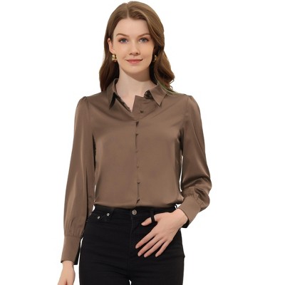 INSPIRE CHIC Women's Puff Long Sleeve Point Collar Vintage Button Work Satin Shirt
