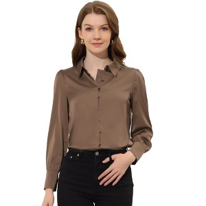 INSPIRE CHIC Women's Puff Long Sleeve Point Collar Vintage Button Work Satin Shirt - 1 of 4