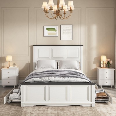 Platform Bed Frame with Solid Wood Headboard & 4 Storage Drawers, Easy Assembly, White