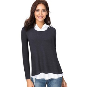 Women's Long Sleeve Contrast Collared Shirts Patchwork Work Blouse Tunics Tops - 1 of 4