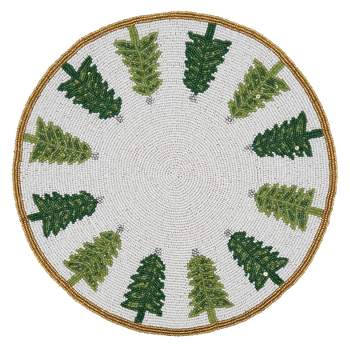 Saro Lifestyle Beaded Christmas Trees Placemat, 15" Round, White/Green (Set of 4)