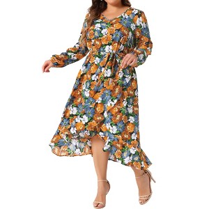 Agnes Orinda Women's Plus Size Floral Printed Ruched Tiered Ruffle Hem V Neck Long Sleeve Flowy Beach Casual A-Line Midi Dresses - 1 of 4