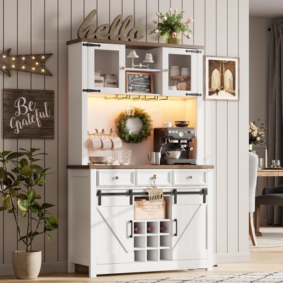 Whizmax 72" Farmhouse Coffee Bar Cabinet, LED Lights & Power Outlets, Sliding Barn Doors, Rustic Brown Buffet with Wine Storage & Microwave Space