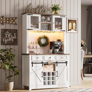 Whizmax 72" Farmhouse Coffee Bar Cabinet, LED Lights & Power Outlets, Sliding Barn Doors, Rustic Brown Buffet with Wine Storage & Microwave Space - 1 of 4