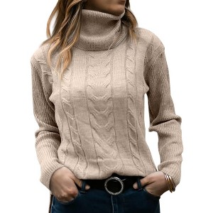 Imily Bela Women's High-Neck Solid Color Long-Sleeve Cable Knit Sweater Top - 1 of 3