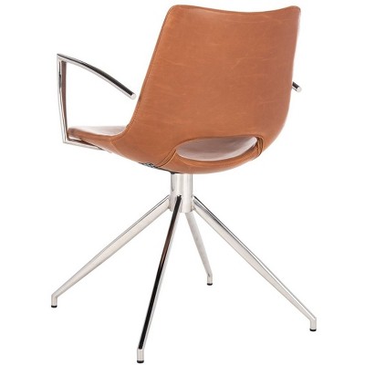 Dawn 32'' Mid-Century Modern Leather Swivel Arm Chair in Light Brown & Stainless Steel