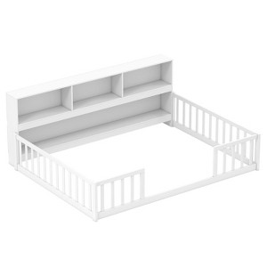 Safstar Full Size Montessori Floor Bed w/ Bookcase Storage Shelves & Safety Fence Rails - 1 of 1