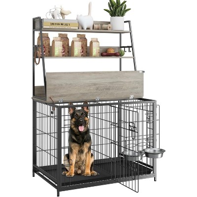 Acekool Multi-Function Dog Crate – 57" Kennel with Adjustable Bowls & Storage