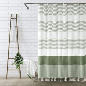 Aoibox Boho Sage Green Shower Curtain with Stripe Tassel Design for Bathroom, Farmhouse Cotton Blend, Elegant and Timeless Style - 1 of 4