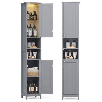 VASAGLE Tall Bathroom Cabinet with Lights, Slim Bathroom Storage Cabinet, Freestanding Narrow Cabinet with Adjustable Shelves, Dove Gray