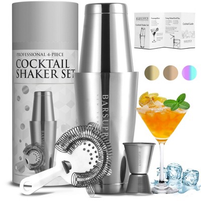 Bar Supply NYC Boston Cocktail Professional Shaker Set,4-Piece Bar Set, Stainless Steel, Shaker Tins,Hawthorne Strainer,Double Sided Jigger