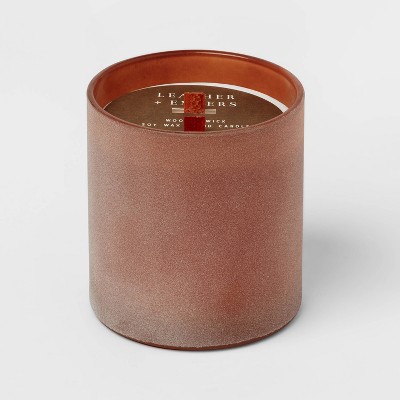 14oz 2-Wick Muddy Brown Dusted Cylinder Glass Leather + Embers Woodwick Candle Brown - Threshold™