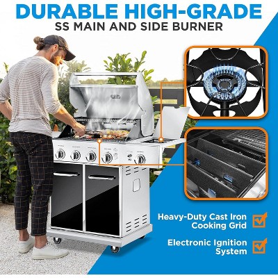 NutriChef Stainless Steel 5-Burner Propane Gas Grill with Side Burner