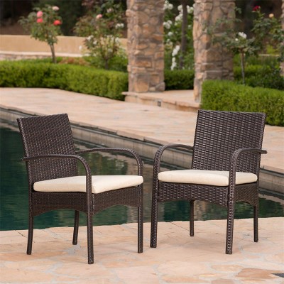 Modern Wicker Outdoor Dining Chair with Cushions Armrest Patio Chairs Set of 2 for Poolside-Tanpinhause