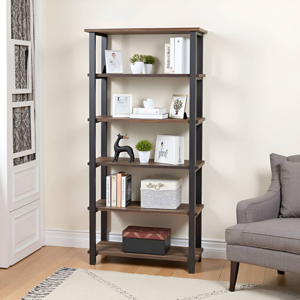 70" Pomona 5 Shelf Bookshelf Metal and Solid Wood Natural - Alaterre Furniture - thumbnail 5