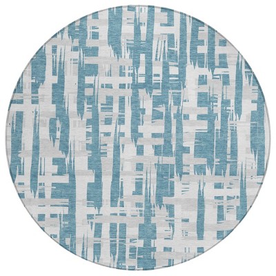 HomeRoots 8' Teal Blue Silver And Ivory Round Striped Washable Indoor Outdoor Area Rug