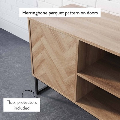 Reclaimed Oak and Matte Black Media Console with Herringbone Detail
