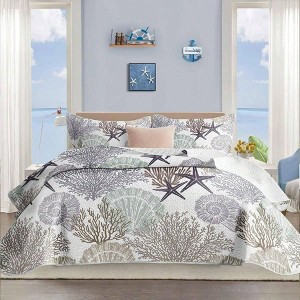 3 Piece Coastal Quilt Sets Full/Queen Size - Soft Lightweight Beach Bedding Nautical Bedspread Set for All Season, 90''x96'' - 1 of 4