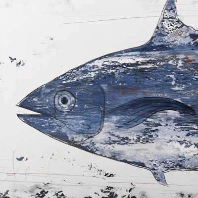 Anglo Rustic Coastal Blue and White Tuna Oil Painting on Canvas